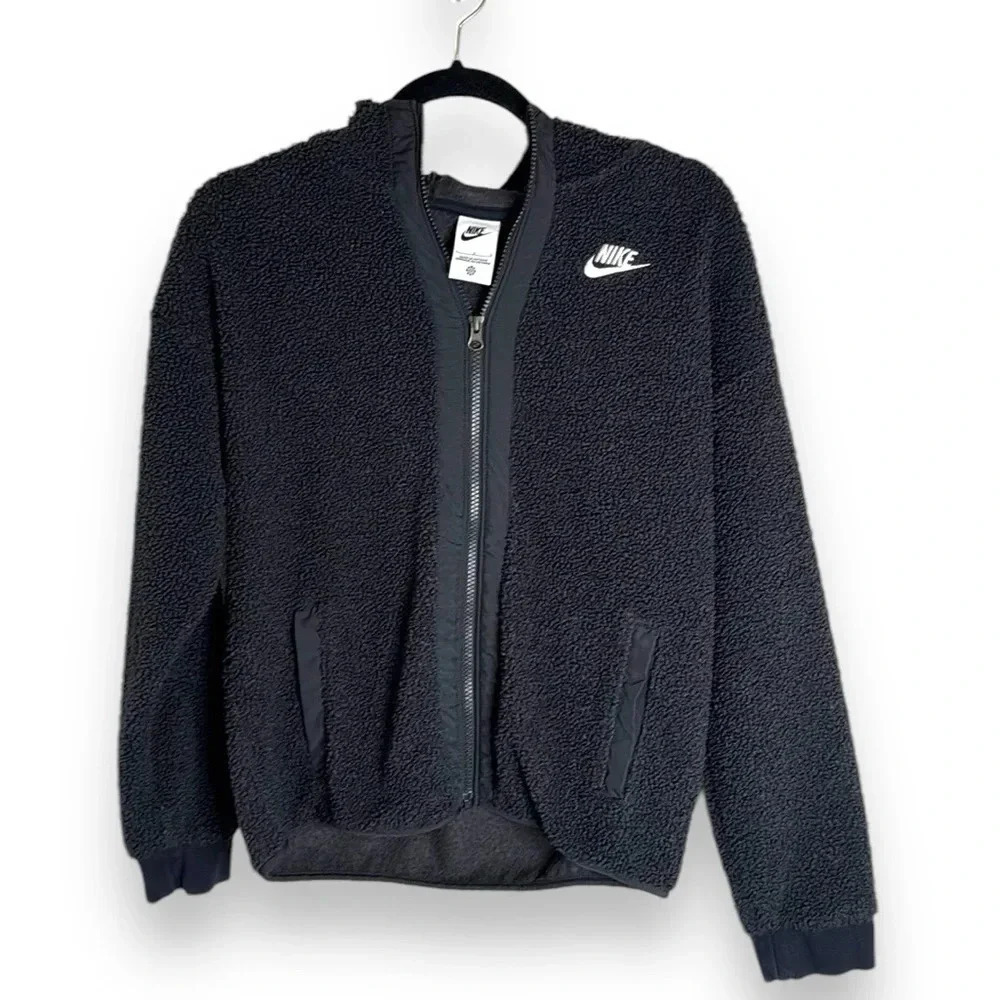 Youth Nike Black Faux Sherpa Zip Up Hooded Jacket Size Large Outdoor Athleisure